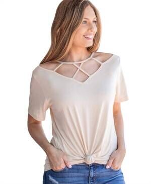 NEW GRACE + EMMA vineyard day caged neckline tee in beige